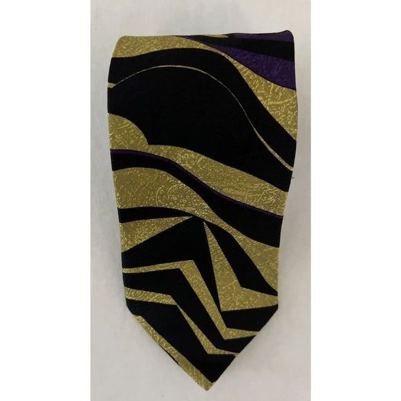 Versace V2 Abstract Black Gold Purple Gray Necktie Tie 90’s 100% Silk $140+ - Picture 7 of 10